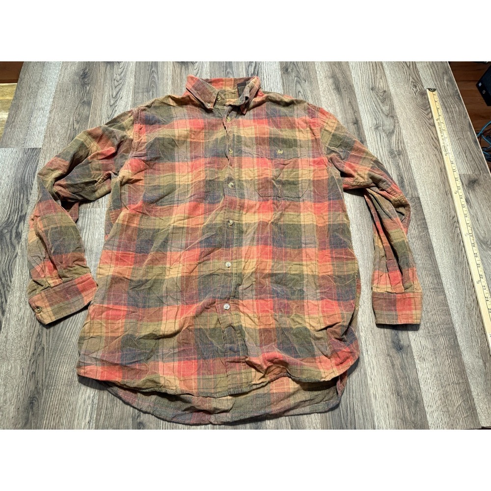 Basic Options Shirt Men's Large Brown Yellow Orange Plaid Long Sleeve Button Up